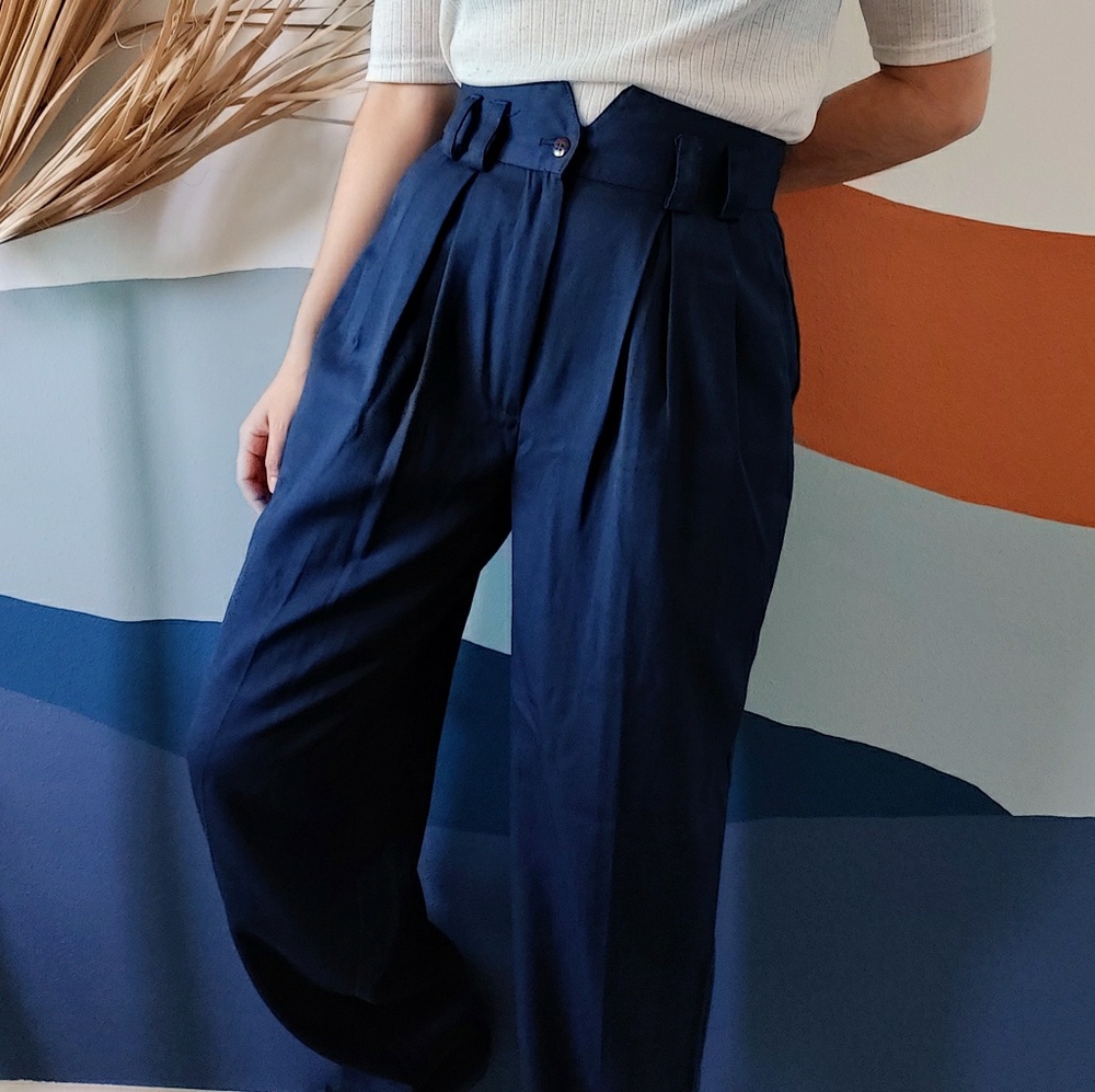 Vintage High Waist Pleated Navy Blue Trouser Pants